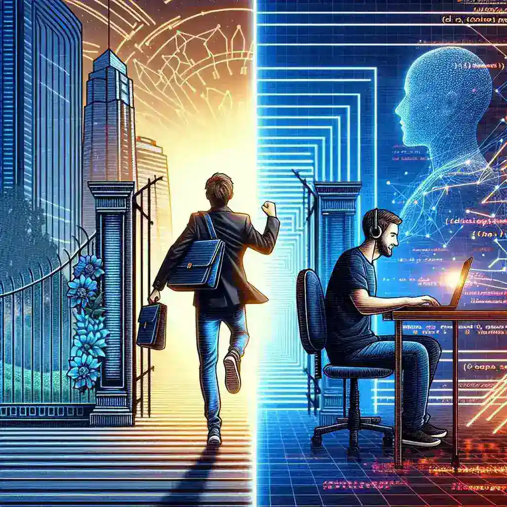 "Imagem representativa de uma carreira na tecnologia, mostrando uma pessoa dividida entre expectativas e realidades no mercado de trabalho tech, destacando desafios e oportunidades."