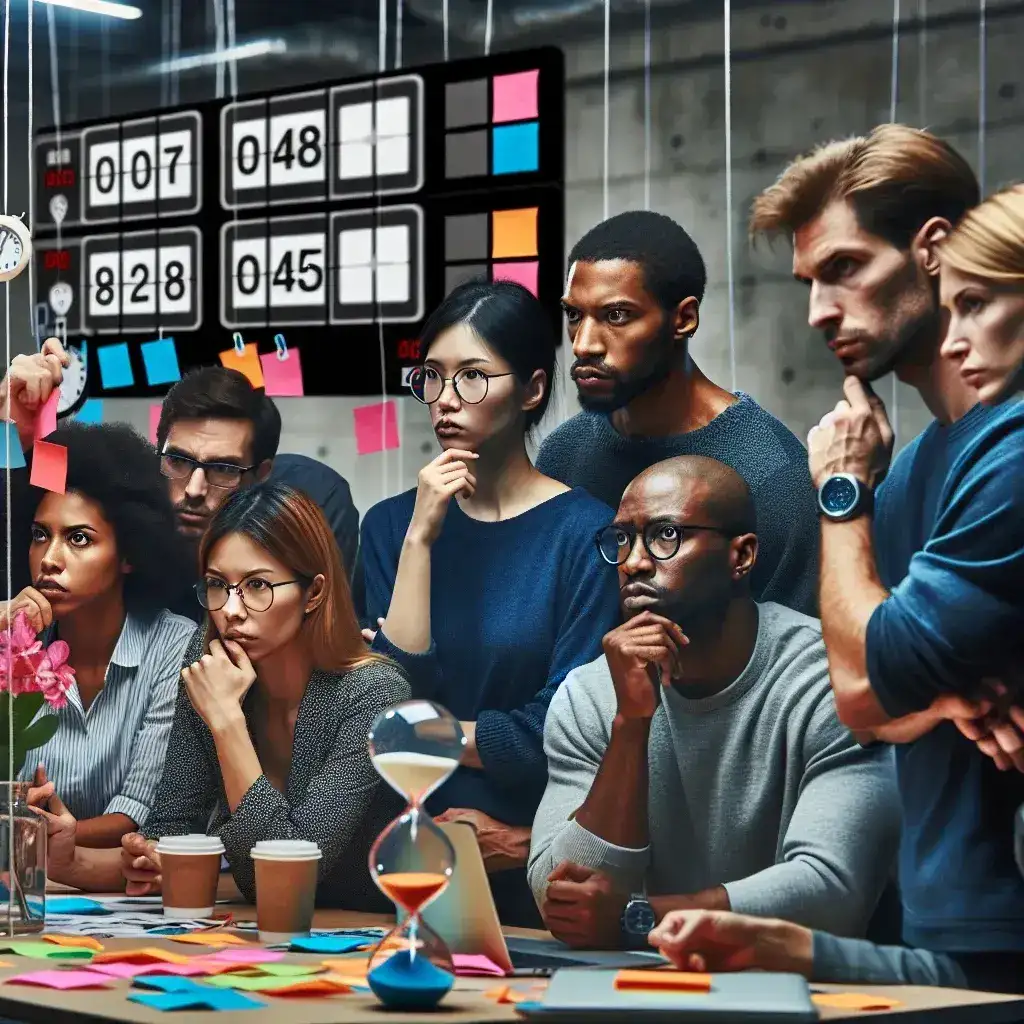 "Equipe de profissionais em um ambiente de trabalho colaborativo, discutindo estratégias para gerenciar prazos e pressão em times ágeis, promovendo a produtividade e a eficácia em projetos."