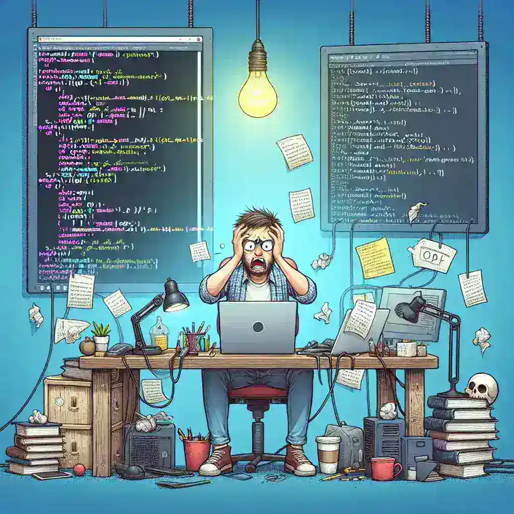 "Programmer reviewing code on a computer screen, illustrating the challenges and rewards of peer code review in software development."