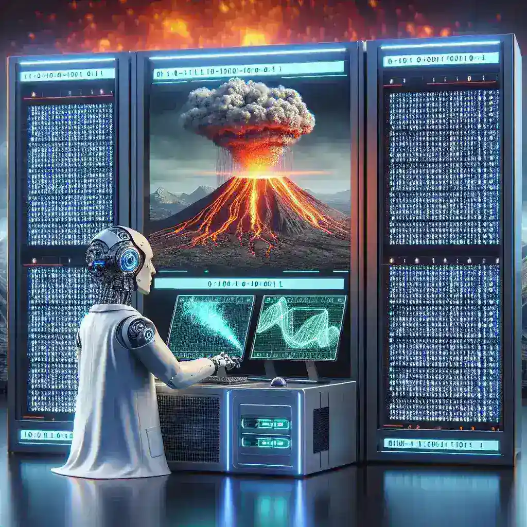 Alt text: "Cientistas utilizando inteligência artificial em supercomputadores para simular erupções vulcânicas e prever eventos naturais."