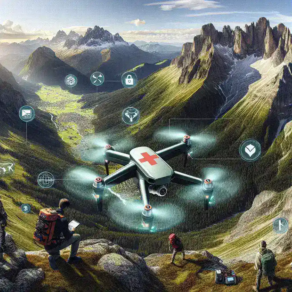 "Drone de resgate especializado em áreas montanhosas, desenvolvido por startups, sobrevoando uma paisagem montanhosa para auxiliar em operações de salvamento."